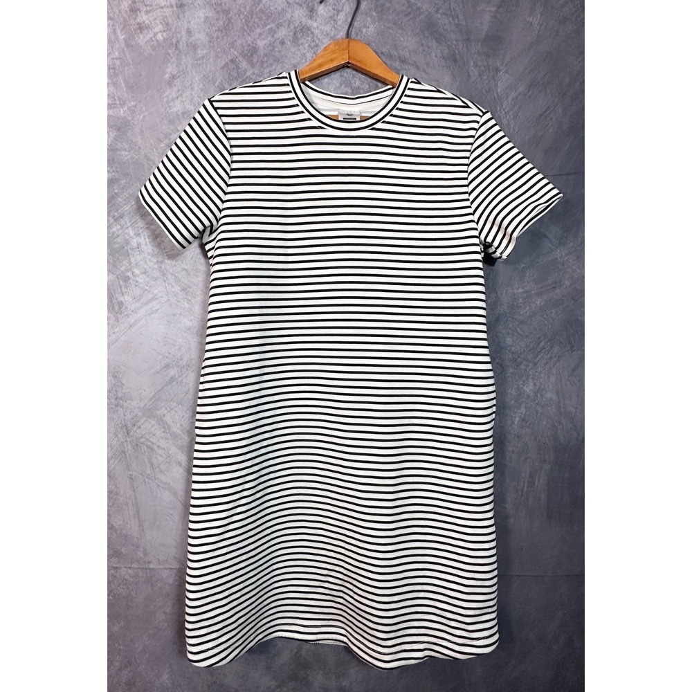 Members Mark T-Shirt Dress Womens XS White Black Striped Short Sleeve Crew Neck